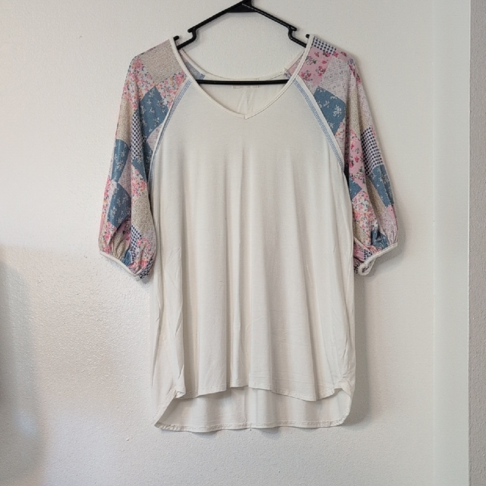 Women's Cream Top with Patchwork Sleeves